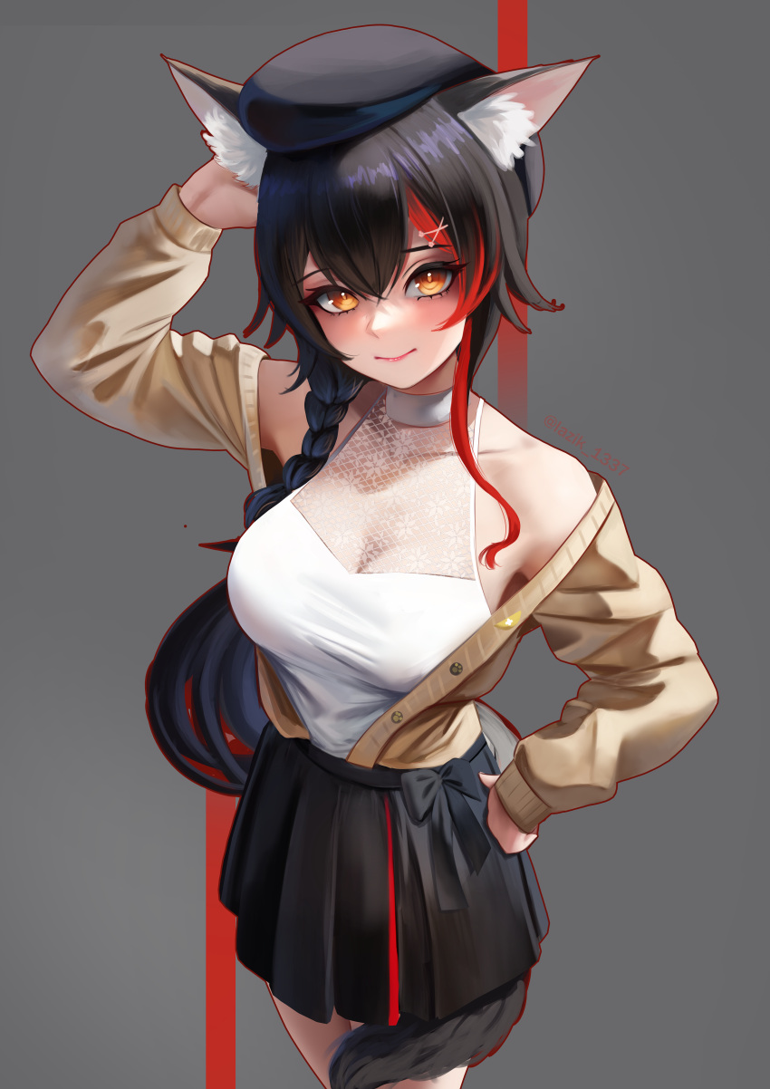 absurdres, animal_ears, beret, black_hair, blush, bone_hair_ornament, breasts, hair_between_eyes, hair_ornament, hairclip, hat, highres, hololive, lazik_1337, looking_at_viewer, multicolored_hair, official_alternate_costume, ookami_mio, ookami_mio_(5th_costume), shirt, skirt, sleeveless, sleeveless_shirt, smile, solo, streaked_hair, tail, tail_around_own_leg, tail_wrap, virtual_youtuber, white_shirt, wolf_ears, wolf_girl