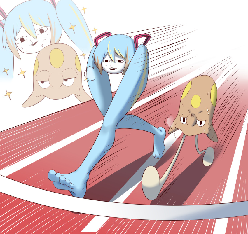 1girl, absurdres, barefoot, black_eyes, blue_hair, chinese_commentary, colored_skin, comedy, commentary_request, finish_line, hair_ornament, hatsune_miku, heavy_breathing, highres, looking_ahead, looking_at_another, open_mouth, pokemon, pokemon_(creature), projected_inset, racing, running, running_track, shiteyan'yo, sparkle, speed_lines, sweat, toedscool, twintails, vocaloid, white_skin, zhen_xionggui