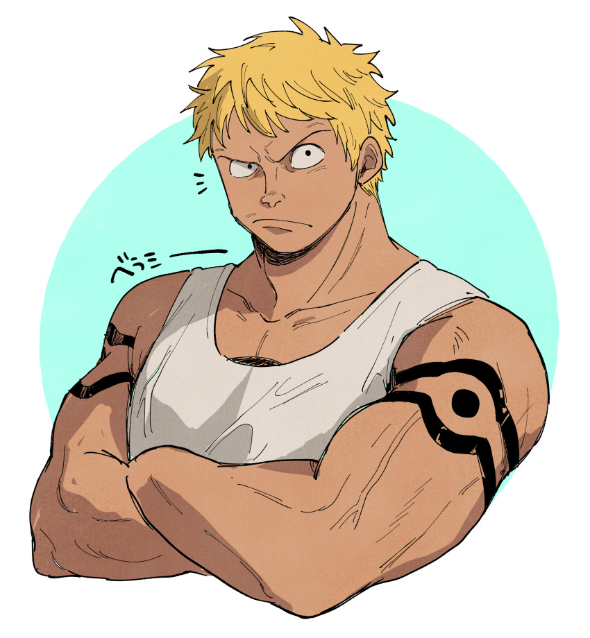 1boy, arm_tattoo, bellamy, biceps, blonde_hair, blue_background, chest_tattoo, crossed_arms