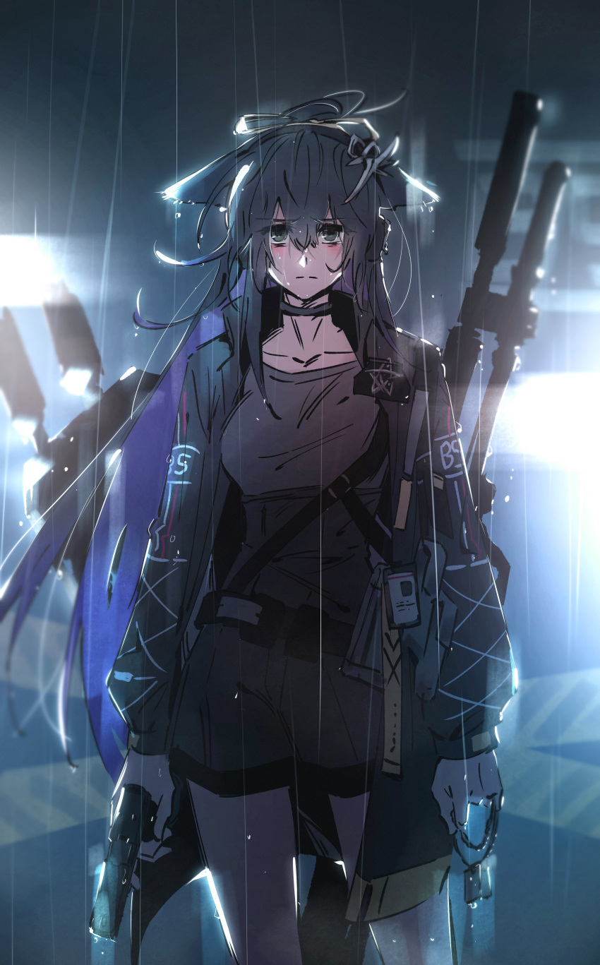 1girl, absurdres, ahoge, animal_ears, arknights, backlighting, bare_legs, belt, belt_buckle, black_belt, black_choker, black_coat, black_hair, black_ribbon, black_shorts, black_sky, bloom, blurry, blurry_background, breasts, buckle, cat_ears, cat_girl, cat_tail, caution_tape, choker, closed_mouth, coat, collarbone, collared_coat, colored_inner_hair, commentary_request, cowboy_shot, depth_of_field, doctahmem, dog_tags, film_grain, frown, green_eyes, grey_shirt, gun, gun_on_back, hair_between_eyes, hair_ornament, hair_ribbon, handgun, headset, high-waist_shorts, high_collar, high_ponytail, highres, holding, holding_dog_tags, holding_gun, holding_weapon, jessica_(arknights), jessica_the_liberated_(arknights), korean_commentary, long_hair, long_sleeves, looking_at_viewer, machine_gun, medium_breasts, multicolored_hair, night, official_alternate_costume, open_clothes, open_coat, outdoors, patch, ponytail, puffy_long_sleeves, puffy_sleeves, purple_hair, rain, red_eyes, ribbon, shirt, shorts, sky, solo, standing, steam, straight-on, tactical_clothes, tail, turret, two-tone_hair, very_long_hair, water_drop, weapon, weapon_on_back, weapon_request, wet, wet_clothes, wet_hair