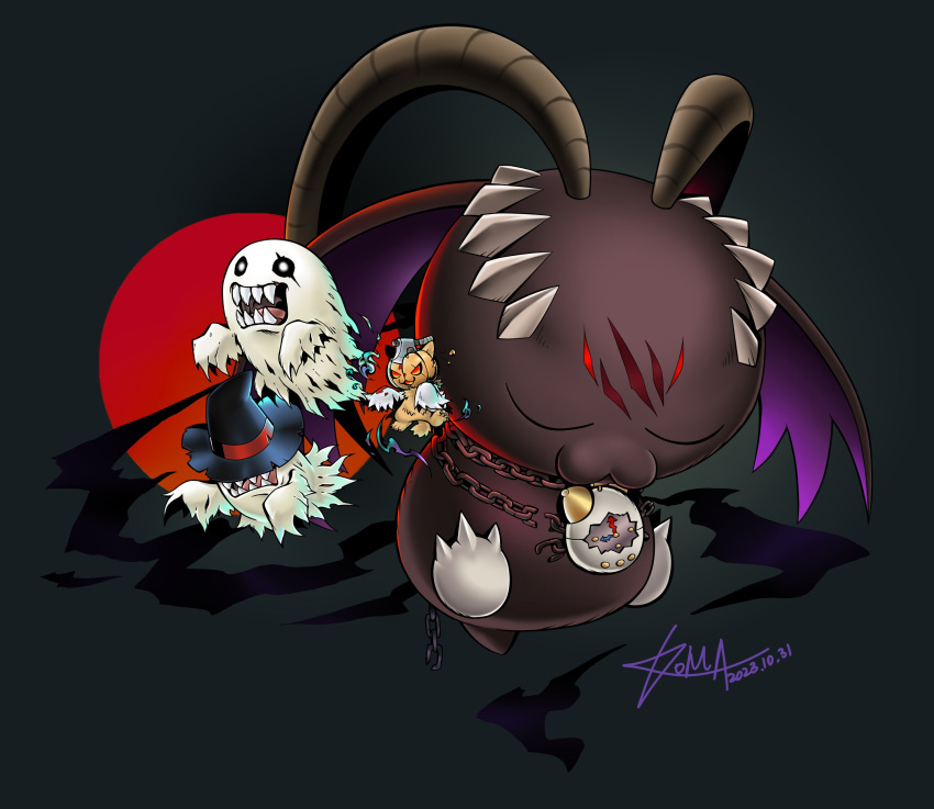 absurdres, bakemon, belphemon, belphemon_sleep_mode, chain, closed_eyes, digimon, floating, ghost, hat, highres, horns, koma_ookami, open_mouth, sharp_teeth, sleeping, soulmon, teeth, witch_hat