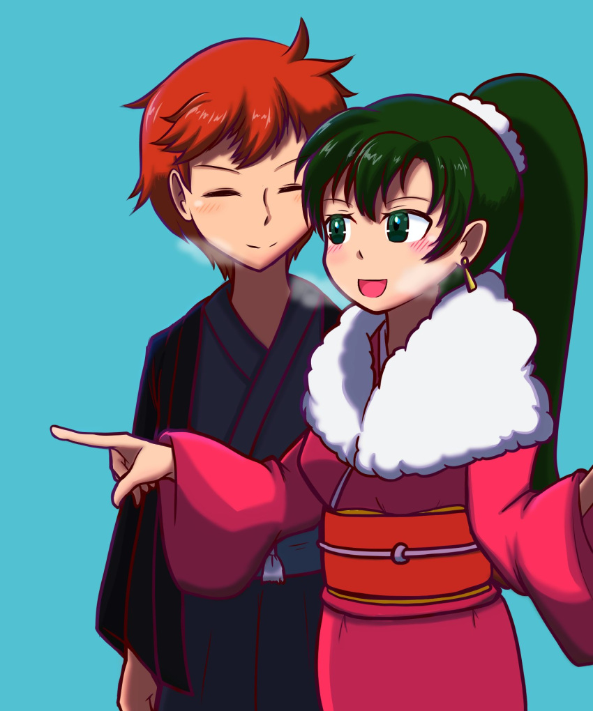 1boy, 1girl, blue_background, blue_kimono, blush, breath, closed_eyes, eliwood_(fire_emblem), fire_emblem, fire_emblem:_the_blazing_blade, green_eyes, green_hair, highres, japanese_clothes, kimono, long_hair, lyn_(fire_emblem), red_kimono, redhead, smile, yadon0, yukata