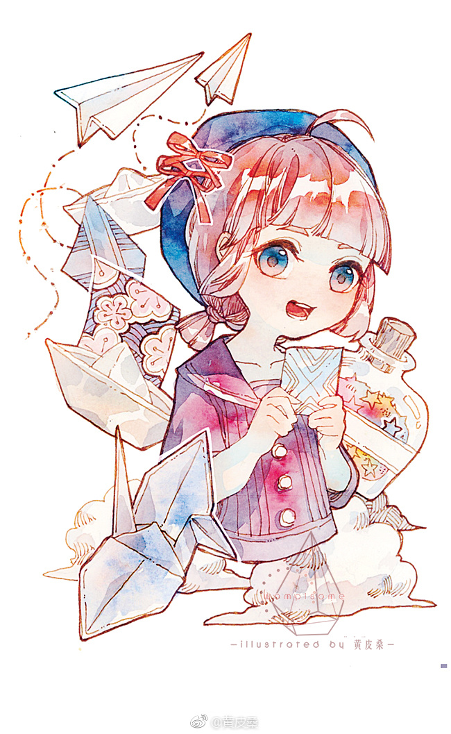 1girl, ahoge, beret, blue_eyes, blue_headwear, blunt_bangs, blunt_ends, bottle