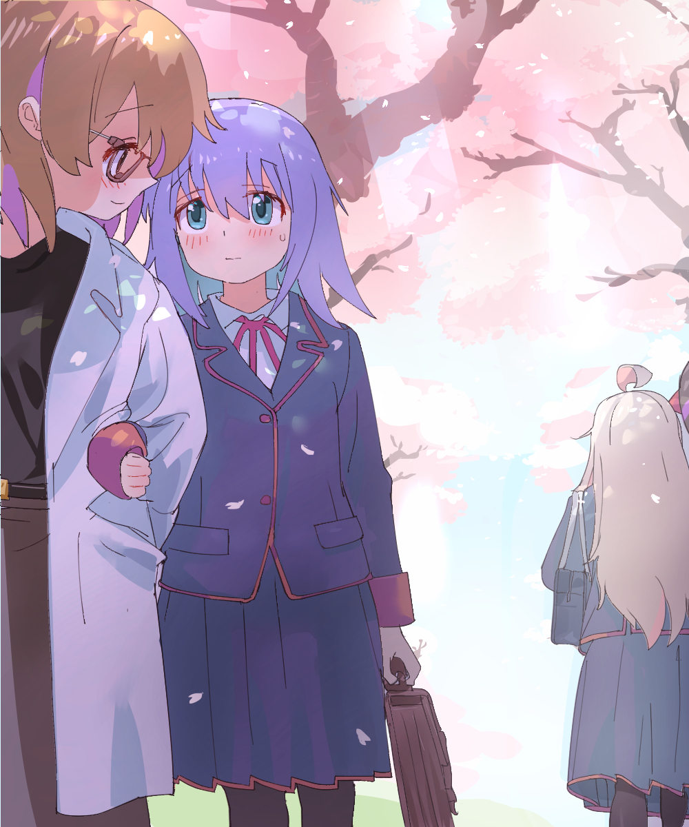 4girls, ahoge, aqua_eyes, aqua_hair, azuma_chitose, bag, black_jacket, black_pantyhose