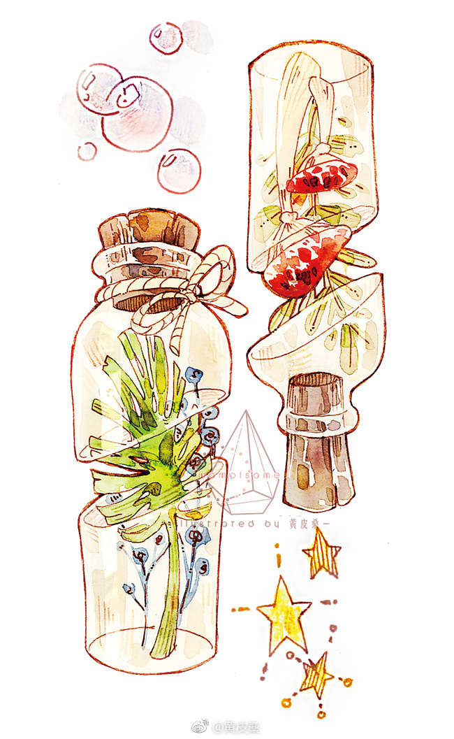 blue_flower, bottle, bubble, chinese_commentary, commentary_request, cork, flower, huangpi_sang