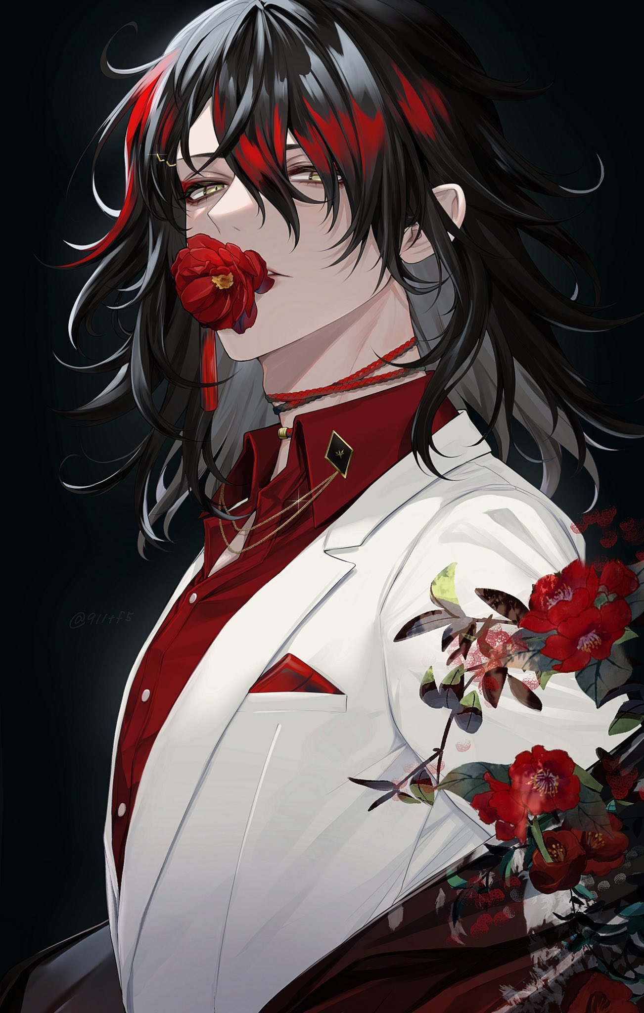 1boy, black_hair, collared_shirt, dress_shirt, flower, formal, gumo_(911tf5), highres