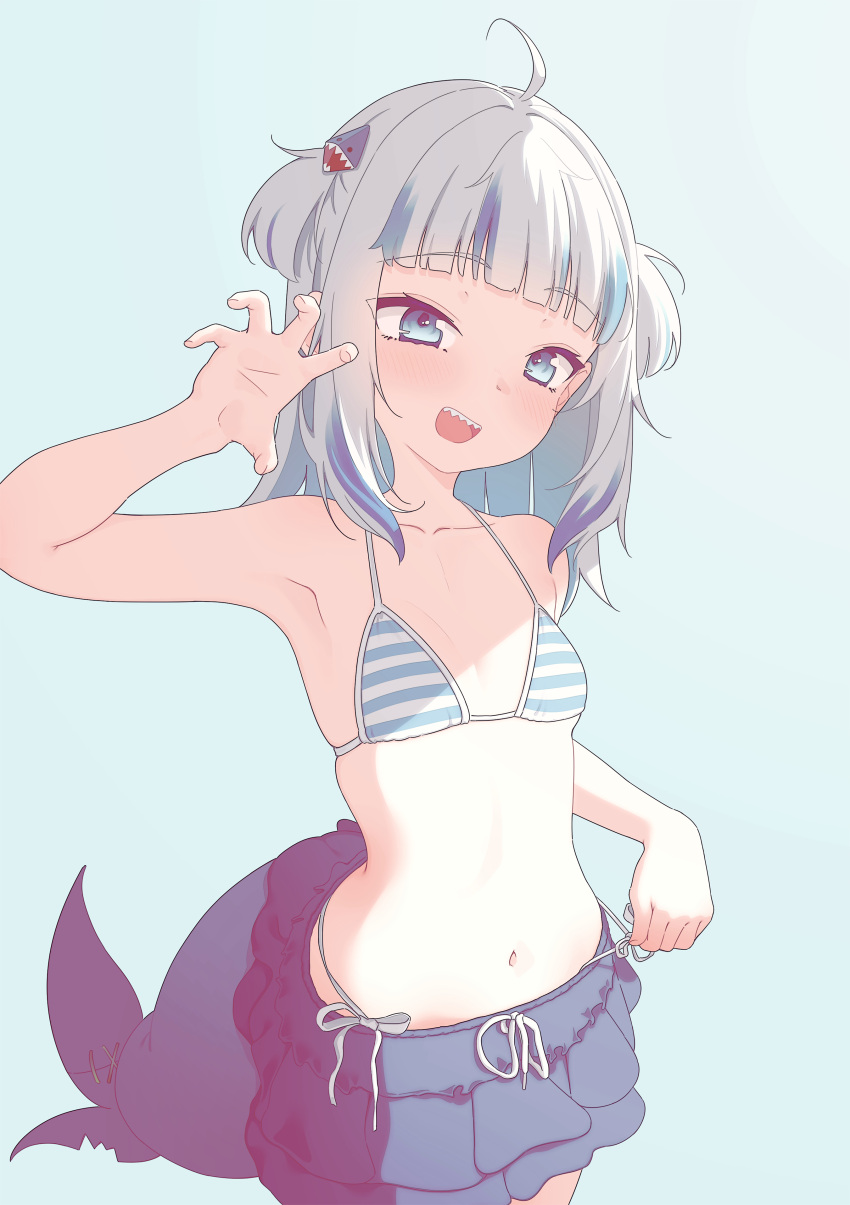 1girl, :d, absurdres, ahoge, bare_shoulders, bikini, bikini_top_only, blue_background, blue_bikini, blue_eyes, blue_hair, blue_skirt, blunt_bangs, blush, breasts, collarbone, commentary, fins, fish_tail, flat_chest, frilled_skirt, frills, gawr_gura, grey_hair, groping_motion, hair_ornament, highres, hololive, hololive_english, looking_at_viewer, lucasyecla99, medium_hair, multicolored_bikini, multicolored_clothes, multicolored_hair, navel, open_mouth, petite, photo-referenced, photoshop_(medium), shark_girl, shark_hair_ornament, shark_tail, sharp_teeth, side-tie_bikini_bottom, side_ponytail, simple_background, skirt, small_breasts, smile, solo, spaghetti_strap, stomach, streaked_hair, striped, striped_bikini, swimsuit, swimsuit_skirt, symbol-only_commentary, tail, teeth, two_side_up, upper_teeth_only, virtual_youtuber, white_bikini