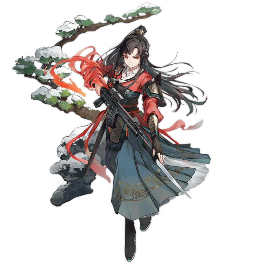 1girl, bayonet, black_footwear, black_gloves, black_hair, blue_skirt, boots, branch