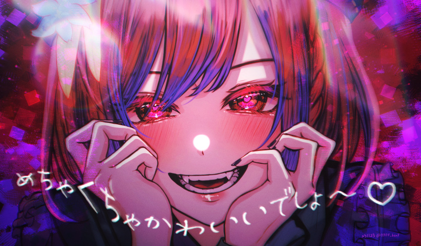 1girl, black_nails, blush, braid, close-up, commentary_request, dress, fangs