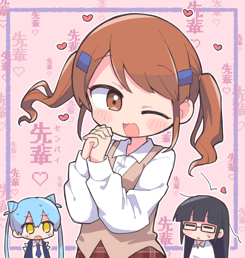 3girls, :3, =_=, black_hair, blue_hair, blue_jacket, blunt_bangs, blush, brown_eyes, brown_hair, brown_vest, chibi, chibi_inset, collared_shirt, commentary_request, cone_hair_bun, death_merumeru, double_bun, dress_shirt, fang, glasses, hair_bun, hair_ornament, hairclip, hands_up, heart, highres, inukai_mirai, jacket, long_hair, looking_at_viewer, multiple_girls, necktie, nervous_sweating, no_pupils, one_eye_closed, open_mouth, own_hands_clasped, own_hands_together, pink_background, pixelated, purple_necktie, richard_(richaball), ringlets, shinigami_dot_com, shirt, skin_fang, smile, solo_focus, sweat, toukyou_tama, translation_request, twintails, vest, white_shirt, yellow_eyes