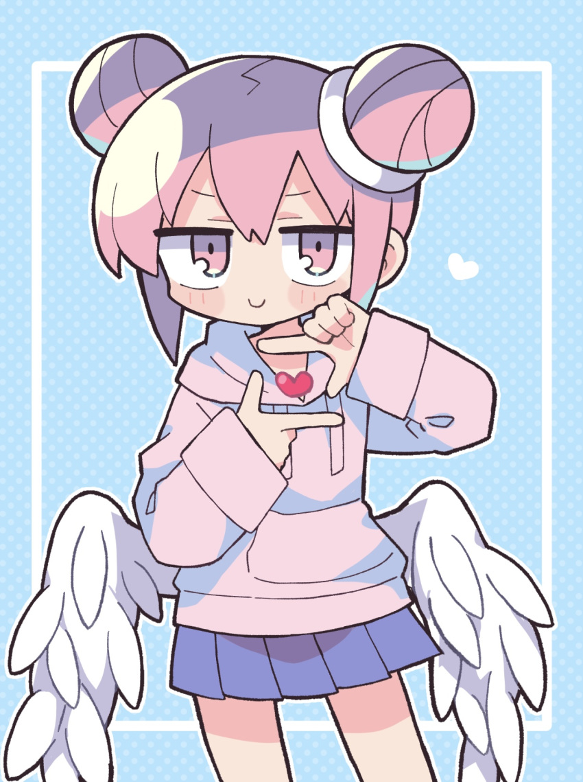 1girl, blue_background, blue_skirt, blush_stickers, closed_mouth, commentary, commentary_request, cowboy_shot, dadadada_tenshi, double_bun, feathered_wings, finger_frame, hair_bun, hands_up, heart, highres, hood, hood_down, hoodie, instant_heaven, jitome, long_sleeves, looking_at_viewer, low_wings, original, outline, pink_eyes, pink_hair, pink_hoodie, pleated_skirt, polka_dot, polka_dot_background, richard_(richaball), sanpaku, short_hair, sidelocks, skirt, smile, solo, v-shaped_eyebrows, white_outline, wings