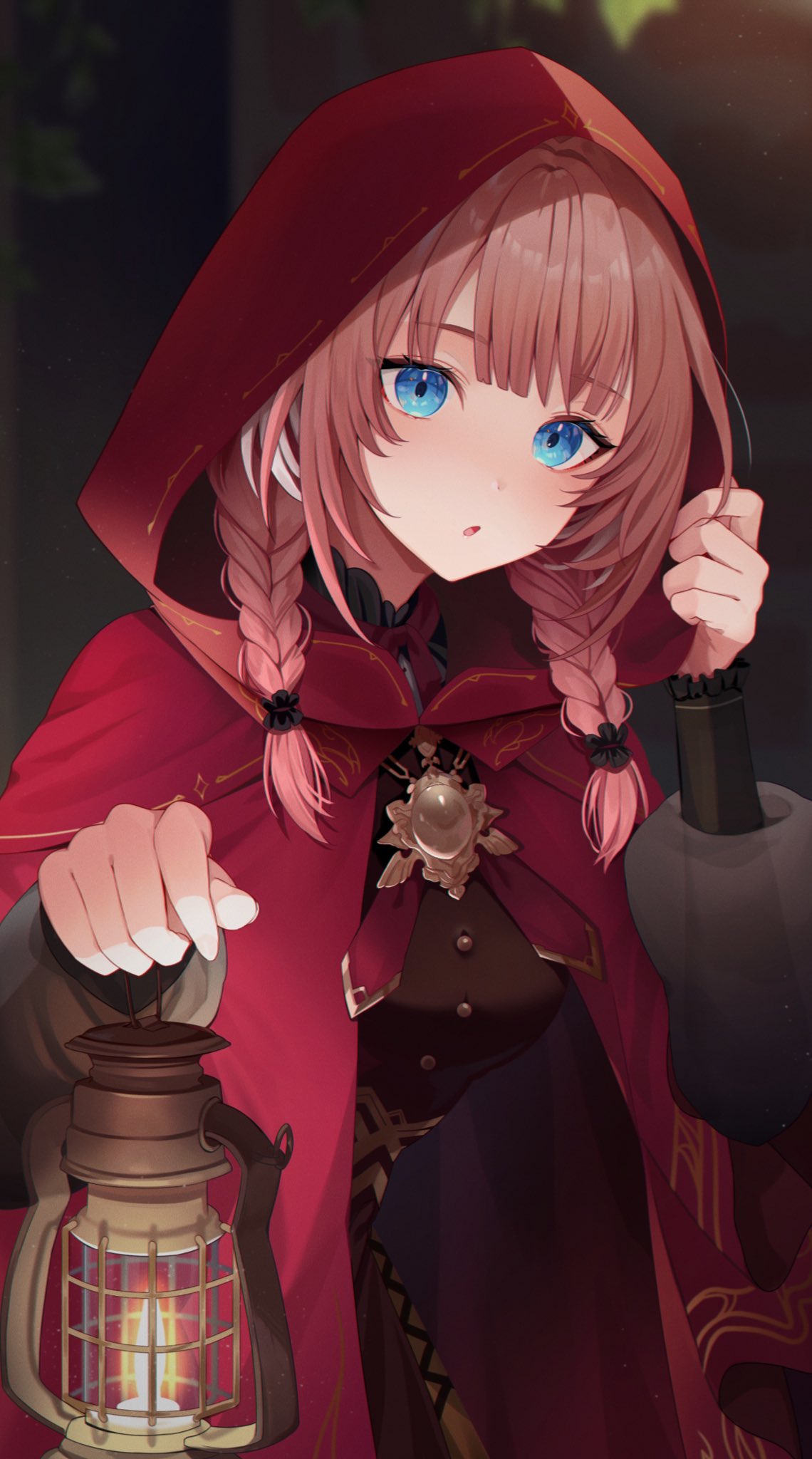 1girl, black_shirt, blue_eyes, blunt_bangs, blurry, blurry_background, braid, brown_skirt