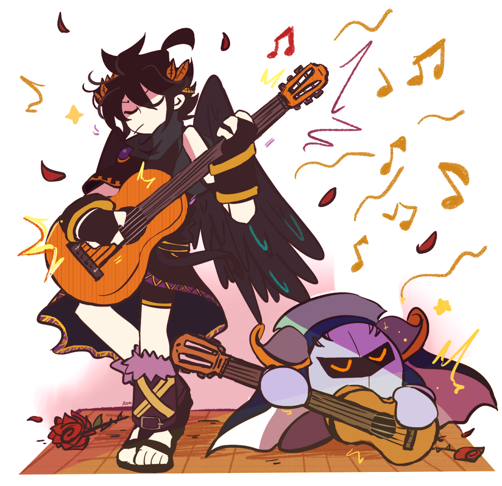 2boys, ahoge, angel, angel_wings, armor, black_hair, cape, closed_eyes, crossover, dark_pit, flower, full_body, guitar, holding, holding_guitar, holding_instrument, homriette, instrument, kid_icarus, kid_icarus_uprising, kirby_(series), laurel_crown, male_focus, mask, meta_knight, multiple_boys, music, musical_note, pauldrons, playing_instrument, red_flower, red_rose, rose, scarf, shoulder_armor, standing, super_smash_bros., vambraces, wings