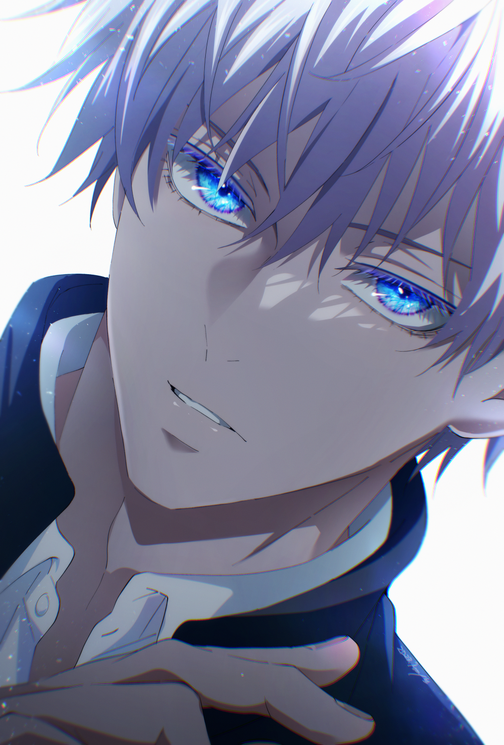 1boy, black_jacket, blue_eyes, collared_shirt, commentary_request, gojou_satoru, hand_up, highres