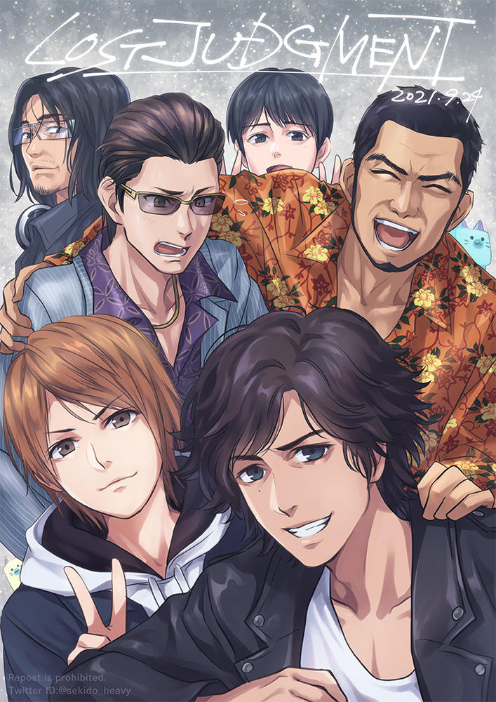 6+boys, acha, arm_around_shoulder, black_hair, black_jacket, blue_suit, brown_eyes, brown_hair, chinstrap_beard, closed_eyes, collarbone, collared_shirt, copyright_name, dated, eyebrow_cut, facial_hair, floral_print, furrowed_brow, glasses, goatee_stubble, grey_background, hair_slicked_back, hand_on_another's_shoulder, happy, hawaiian_shirt, headphones, headphones_around_neck, higashi_tooru, hoshino_issei, jacket, jewelry, judge_eyes, kaito_masaharu, light_smile, looking_at_viewer, looking_to_the_side, lost_judgment, male_focus, medium_hair, multiple_boys, mustache_stubble, necklace, nervous, open_clothes, open_jacket, open_mouth, orange_hair, orange_shirt, over-rim_eyewear, parted_bangs, pinstripe_pattern, pinstripe_suit, purple_shirt, semi-rimless_eyewear, shirt, short_hair, smile, striped, stubble, sugiura_fumiya, suit, sunglasses, sweatdrop, swept_bangs, thick_eyebrows, tsukumo_makoto, v, white_shirt, yagami_takayuki, yellow-framed_eyewear