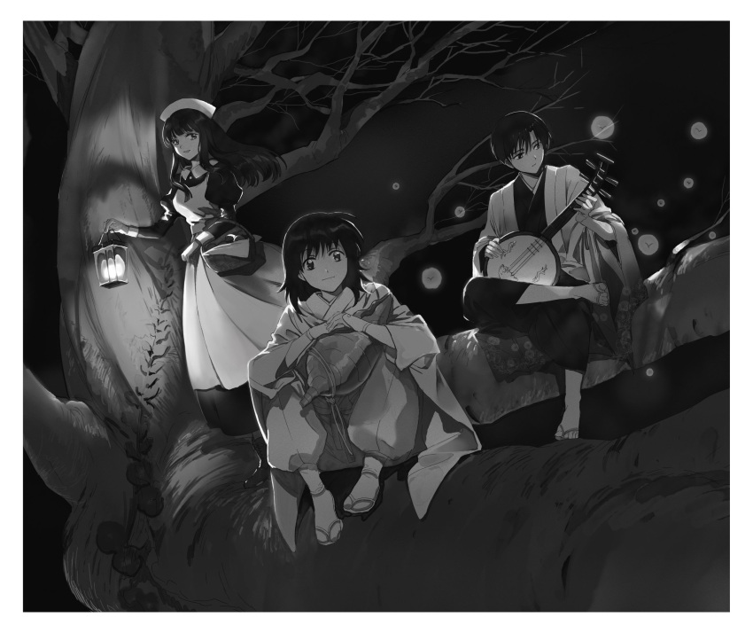 1girl, 2boys, ankle_boots, bare_tree, basket, boots, border, dress, dutch_angle, fireflies, floating_hair, floral_print, haori, hat, highres, holding, holding_lantern, in_tree, instrument, japanese_clothes, juliet_sleeves, kimono, knees_up, lantern, long_hair, long_sleeves, looking_at_viewer, looking_to_the_side, mao_(takahashi_rumiko), mitazono_mei, moon_lute, multiple_boys, music, nature, night, night_sky, nurse_cap, pants, plant, playing_instrument, puffy_pants, puffy_sleeves, renji_(mao), roku_(tsua-kihuyu), sasuga_(mao), sidelocks, sitting, sky, smile, standing, tabi, tree, vines, zouri