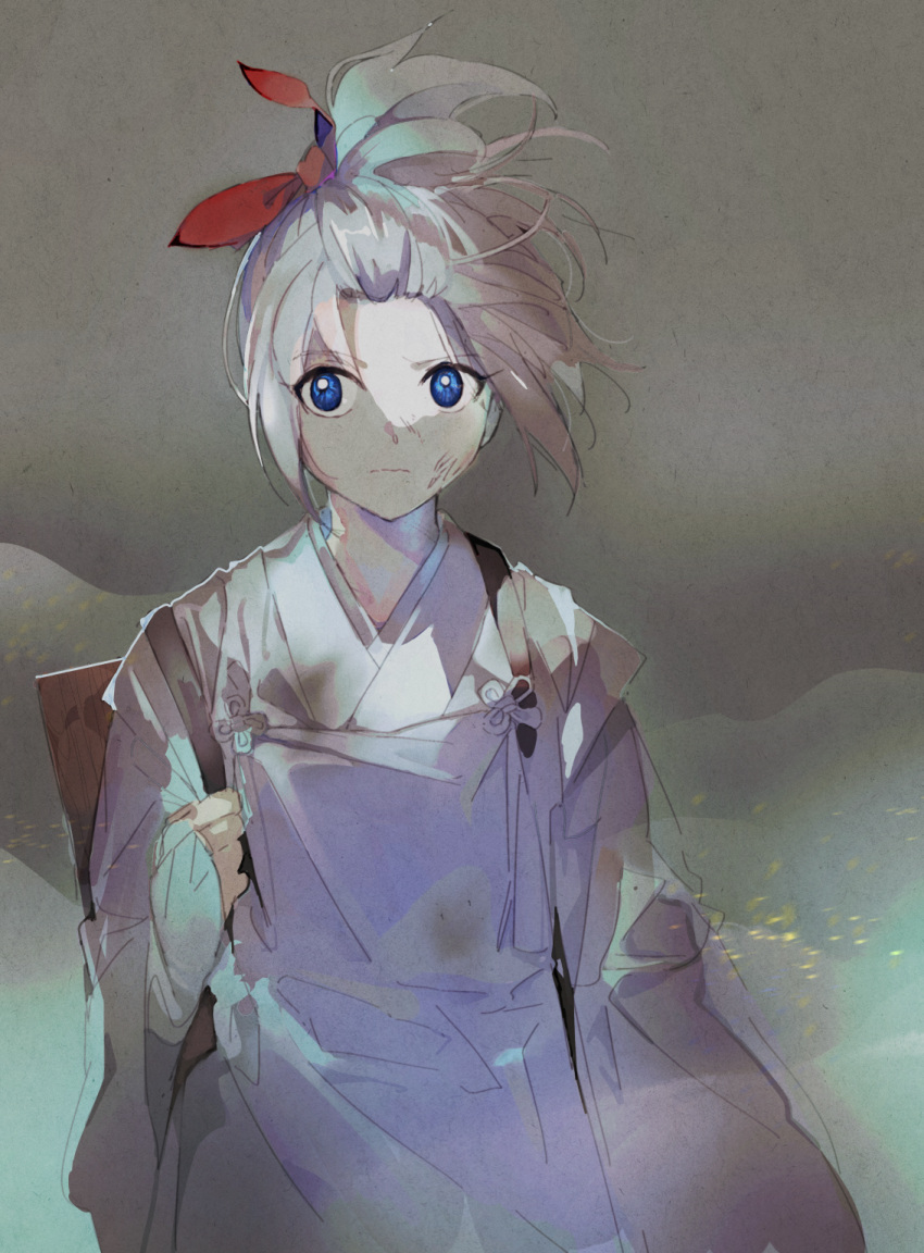 1girl, arm_at_side, backpack, bag, blue_eyes, box, bridal_gauntlets, bruise