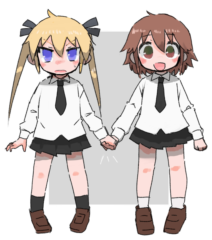 2girls, ahoge, black_necktie, black_ribbon, black_skirt, black_socks, blonde_hair, blue_eyes