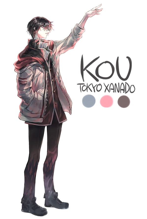 1boy, arm_up, black_footwear, black_hair, black_jacket, black_pants, character_name, copyright_name