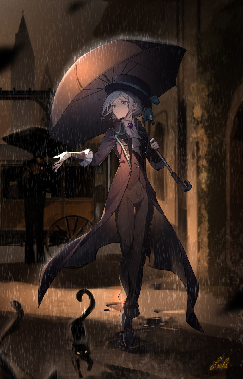 1girl, absurdres, artist_name, ascot, black_cat, black_coat, black_footwear, black_headwear