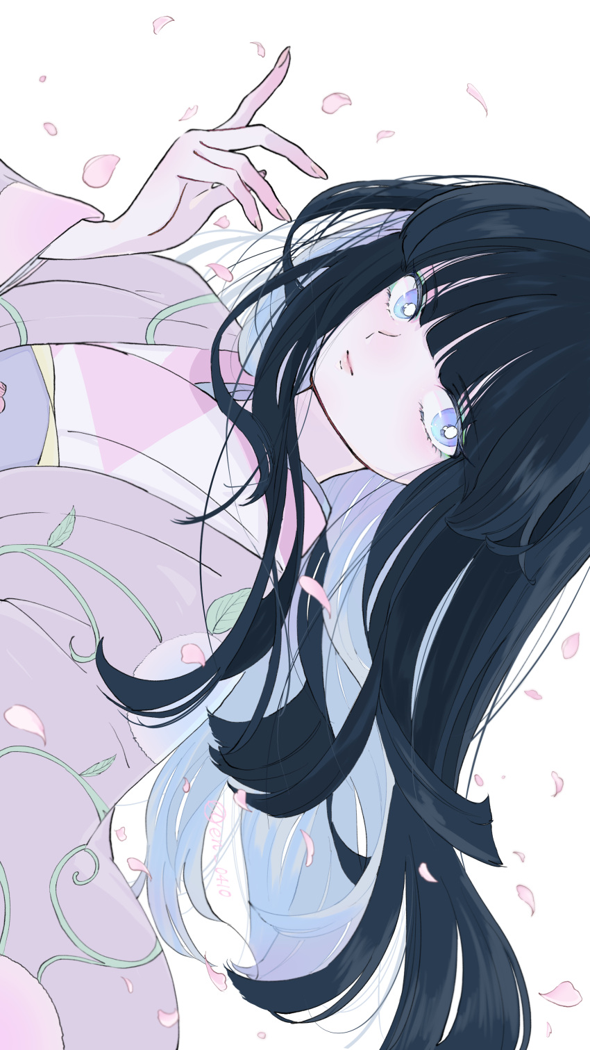 1girl, absurdres, black_hair, blue_eyes, blunt_bangs, closed_mouth, en_0410, falling_petals