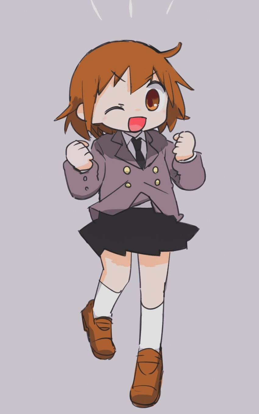 1girl, ahoge, black_necktie, black_skirt, blazer, brown_eyes, brown_footwear, brown_hair