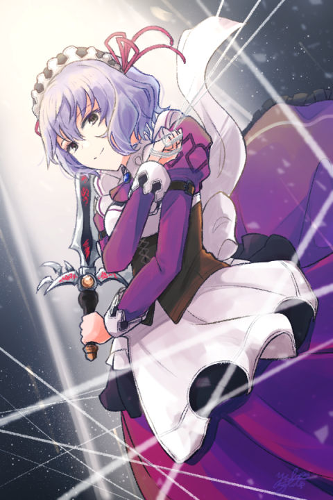 1girl, black_eyes, eiyuu_densetsu, hair_between_eyes, holding, holding_knife, holding_string, holding_weapon
