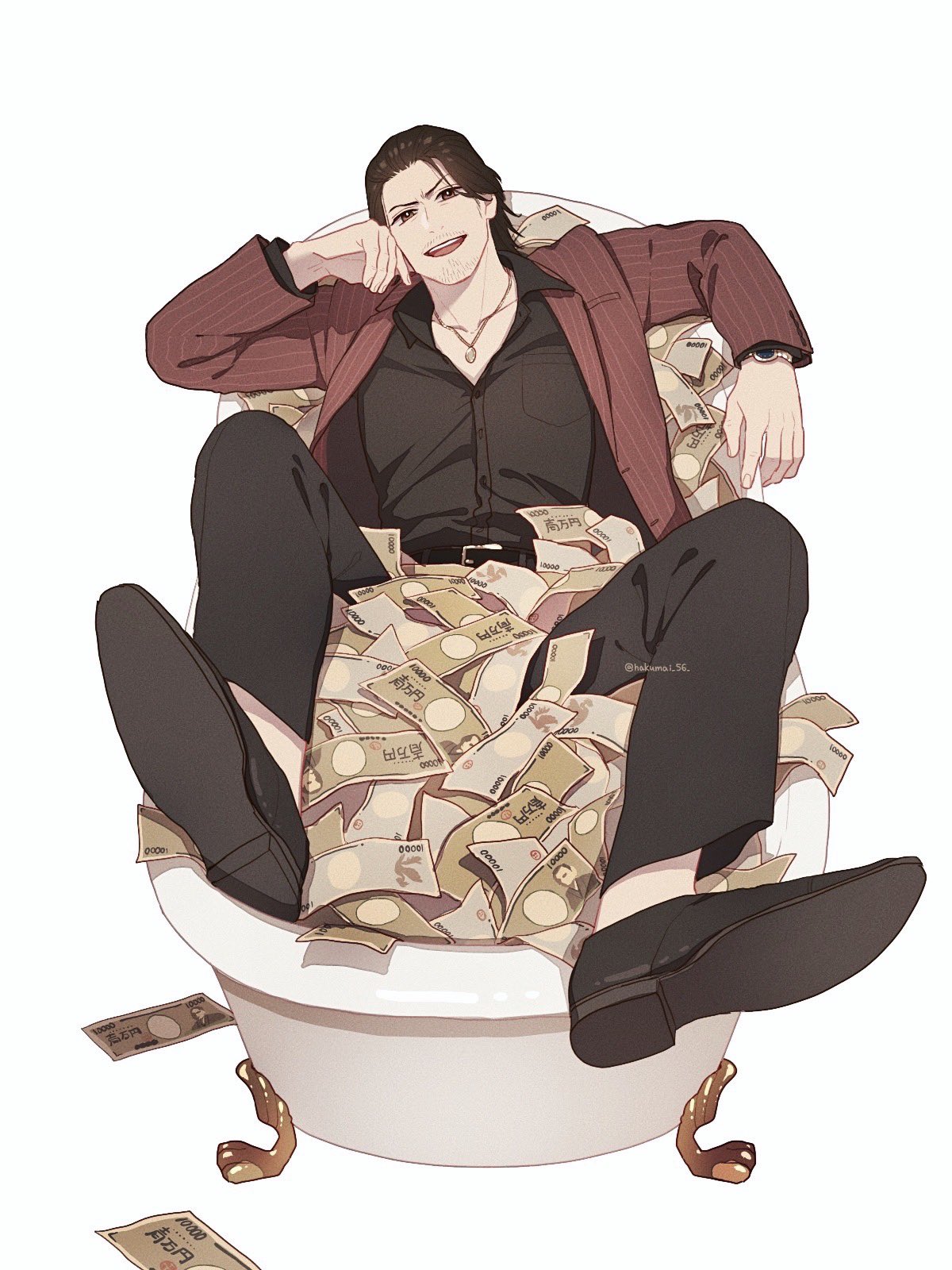 1boy, akiyama_shun, arms_up, banknote, bathtub, belt, black_belt, black_eyes, black_footwear, black_hair, black_pants, black_shirt, collarbone, collared_shirt, facial_hair, full_body, hair_slicked_back, hakumai_(hakumai_56), highres, jacket, jewelry, long_sleeves, male_focus, money, necklace, open_mouth, pants, red_jacket, ryuu_ga_gotoku_(series), shirt, shoes, short_hair, smile, solo, stubble, v-shaped_eyebrows, watch, watch, white_background