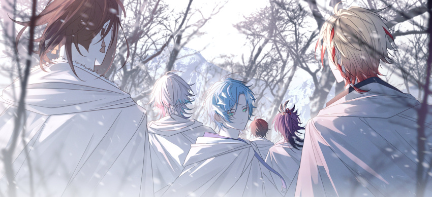 6+boys, absurdres, ahoge, axel_syrios, banzoin_hakka, bare_tree, blonde_hair, blue_hair, blurry, braid, brown_hair, cloak, closed_mouth, depth_of_field, earrings, expressionless, facing_away, feather_hair_ornament, feathers, from_behind, gavis_bettel, green_eyes, grey_hair, hair_ornament, high_ponytail, highres, holostars, holostars_english, holotempus, hood, hooded_cloak, jewelry, josuiji_shinri, light_blue_hair, looking_at_viewer, machina_x_flayon, male_focus, mountain, moyyyya, multicolored_hair, multiple_boys, pink_hair, purple_hair, redhead, regis_altare, short_hair, side_braid, sidelighting, snow, snowing, tassel, tassel_earrings, tree, two-tone_hair, virtual_youtuber, white_cloak, winter