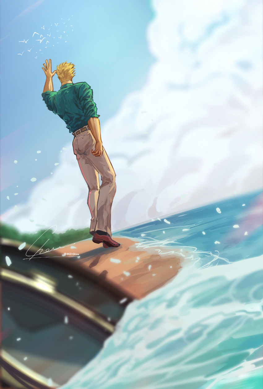1boy, arm_up, beach, belt, blonde_hair, blue_shirt, brown_belt, brown_footwear