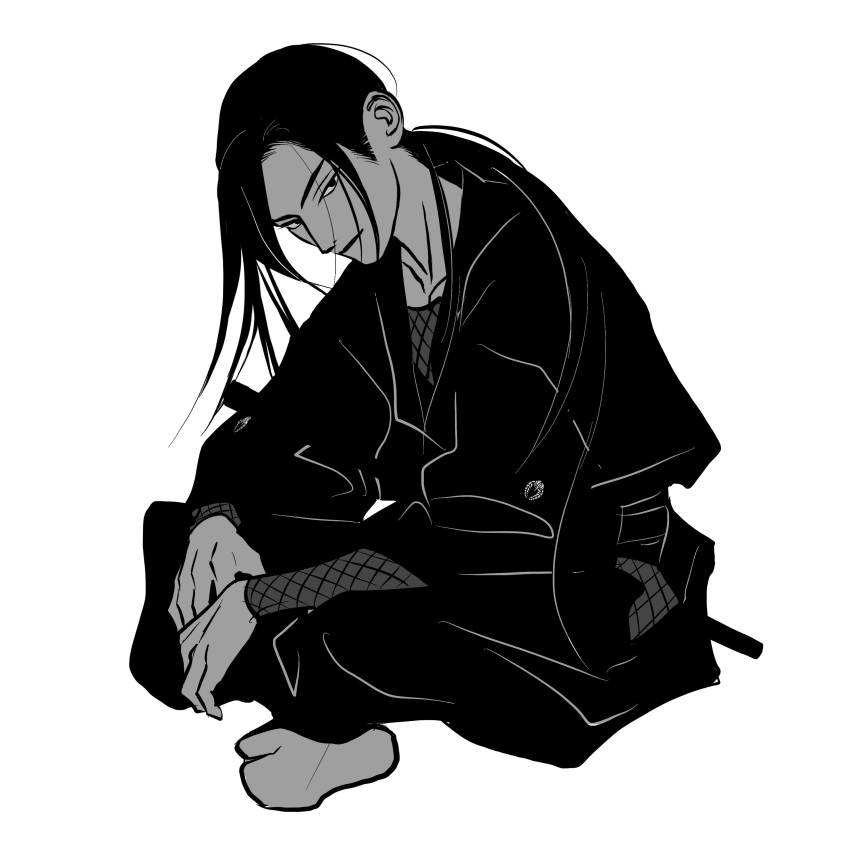 1boy, absurdres, fishnets, from_side, full_body, greyscale, highres, hip_vent