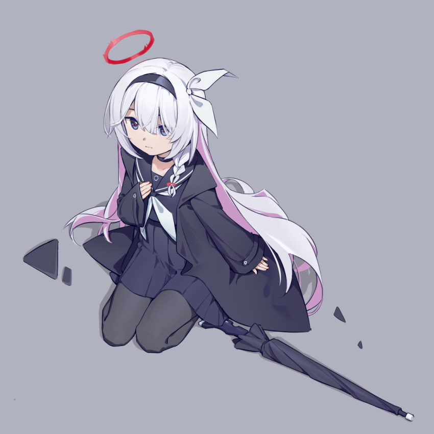 1girl, bh_zhu_baihe_hua, black_coat, black_eyes, black_pantyhose, black_shirt, black_skirt, blue_archive