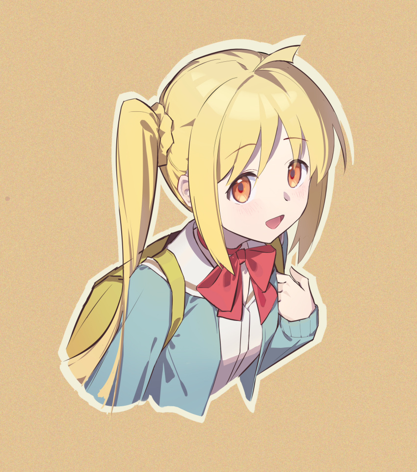 1girl, absurdres, ahoge, backpack, bag, bh_zhu_baihe_hua, blonde_hair, blue_jacket