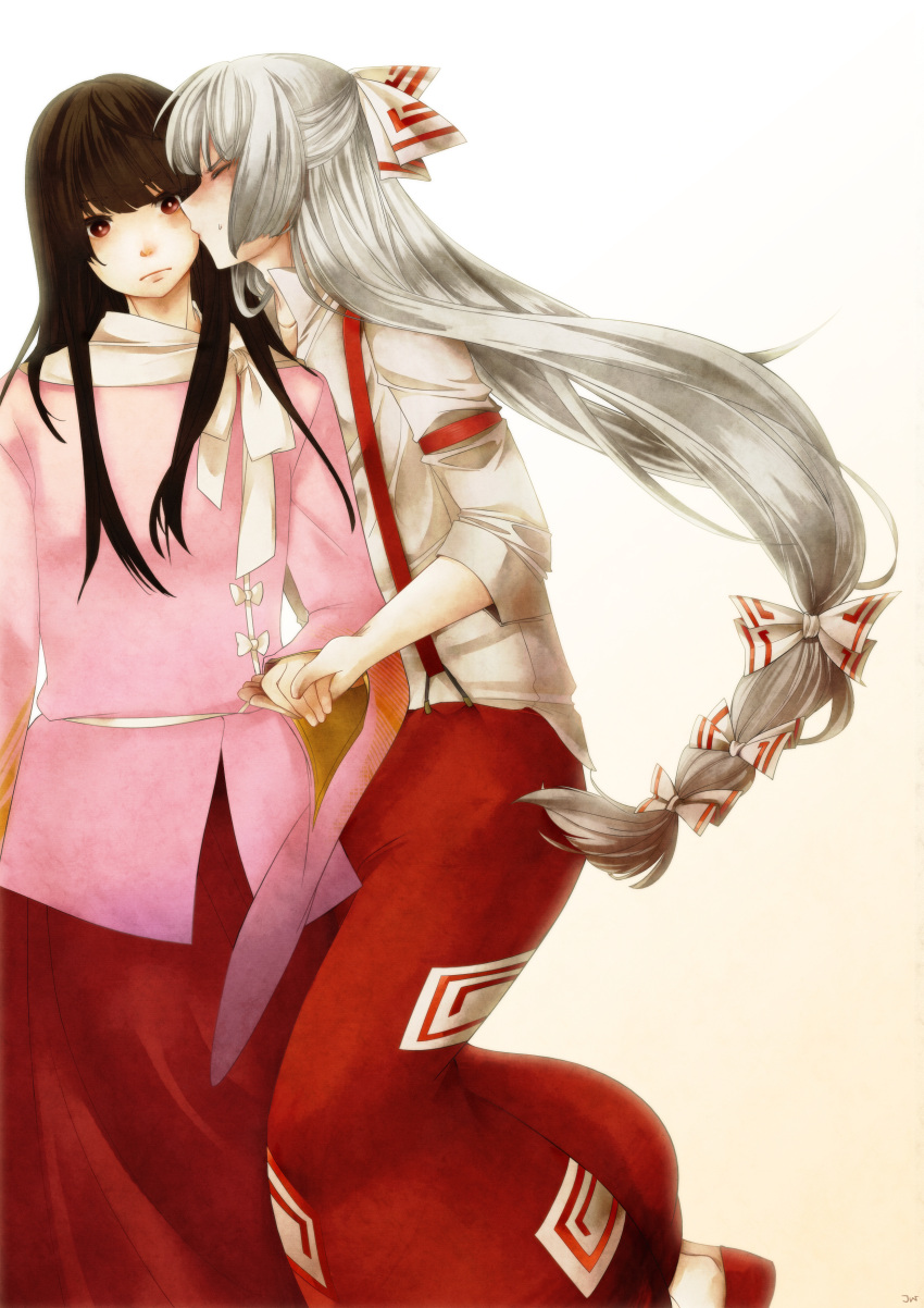 2girls, absurdres, cheek_kiss, fujiwara_no_mokou, ginkun, highres, holding_hands, houraisan_kaguya