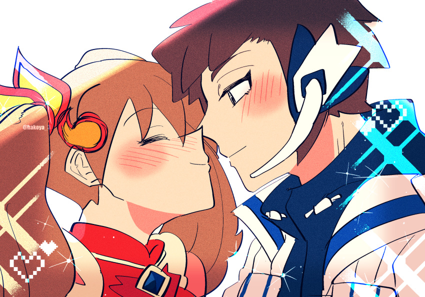 1boy, 1girl, absurdres, blush, brendan_(pokemon), brendan_(sygna_suit)_(pokemon), brown_hair, earpiece