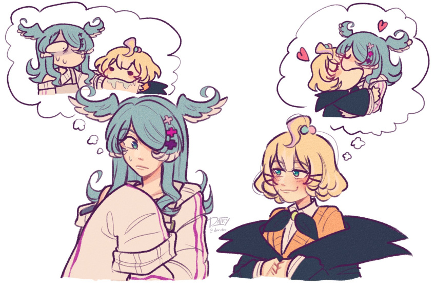 2girls, aqua_eyes, artist_name, biting, black_eyes, black_jacket, black_ribbon, blonde_hair