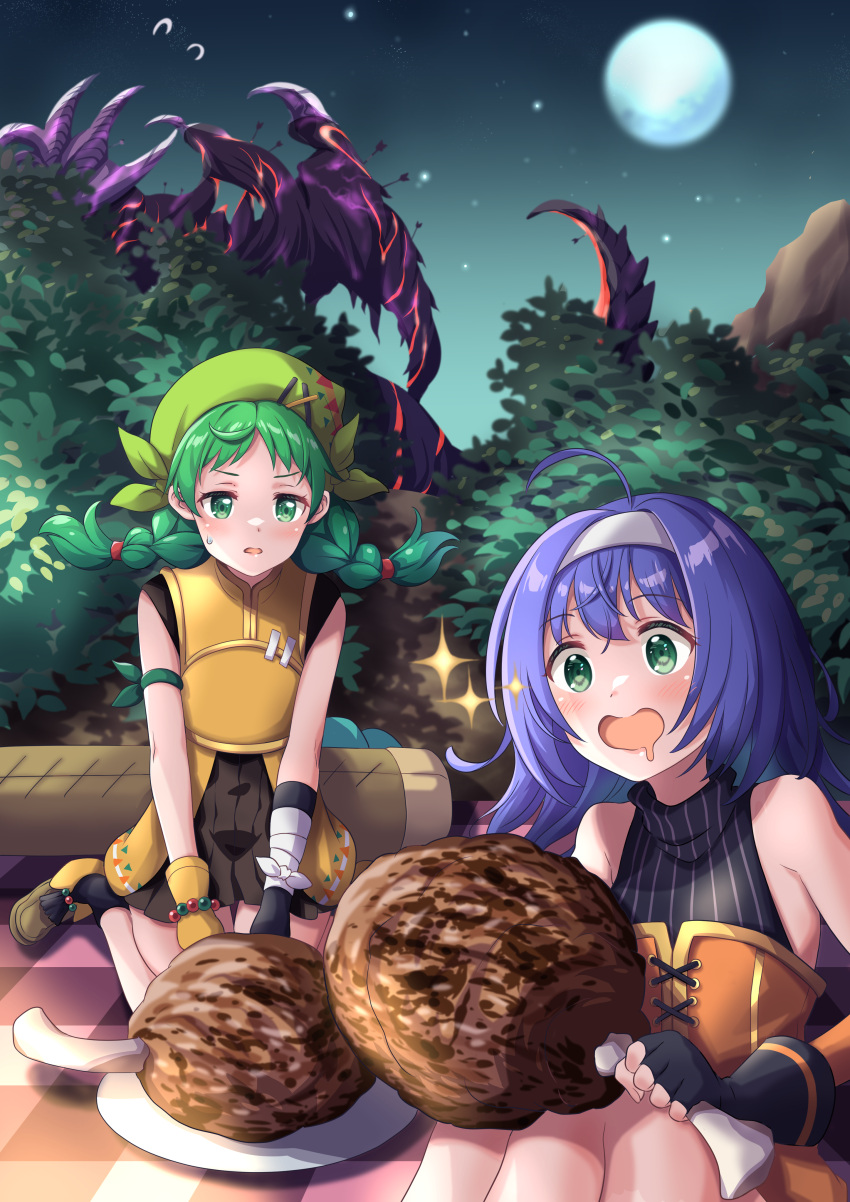 2girls, absurdres, aged_down, armpits, arrow_in_body, bandana, boned_meat, braid