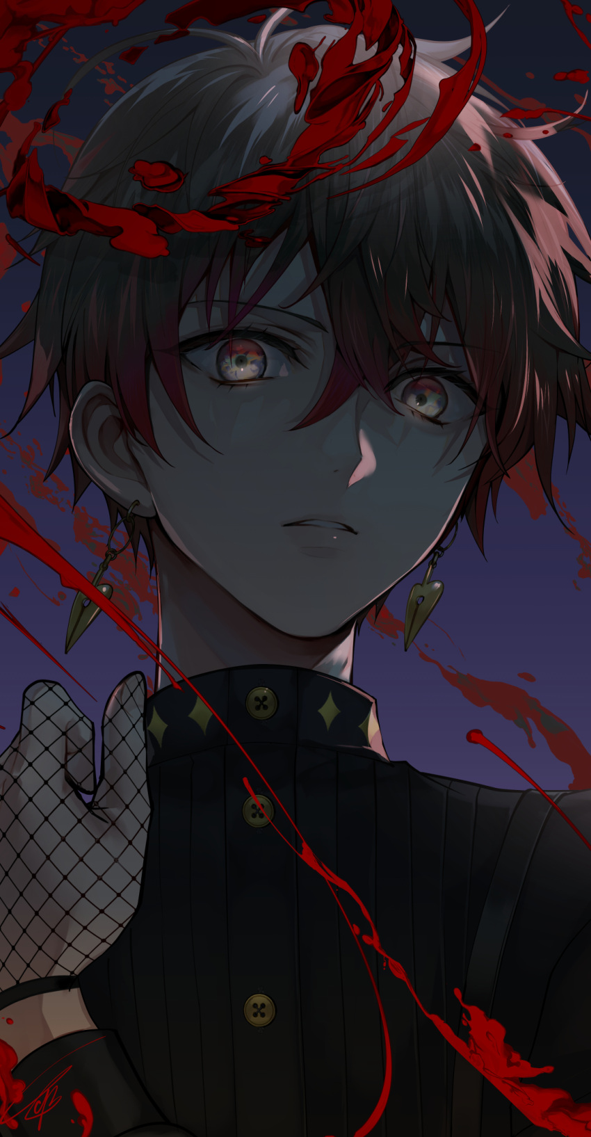 1boy, ambiguous_red_liquid, black_shirt, blue_eyes, buttons, earrings, eki_eveland, fishnet_gloves, fishnets, gloves, gradient_hair, grey_hair, hair_between_eyes, hand_up, highres, ike_eveland, ike_eveland_(1st_costume), jewelry, long_sleeves, looking_at_viewer, male_focus, multicolored_hair, nijisanji, nijisanji_en, parted_lips, purple_background, red_eyes, redhead, shirt, short_hair, signature, simple_background, solo, suspenders, tcb, upper_body, virtual_youtuber