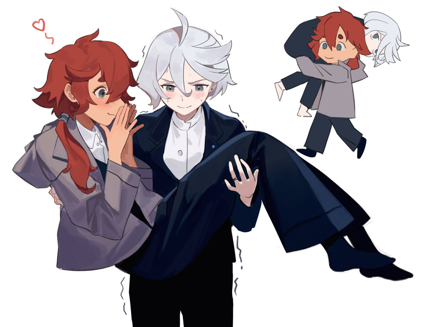 2girls, black_jacket, black_pants, black_socks, blush, carrying, carrying_person, collared_shirt