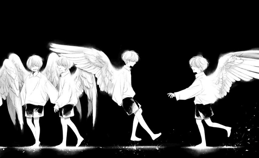 4boys, arms_behind_back, child, covered_eyes, facing_another, facing_viewer, feathered_wings, floating