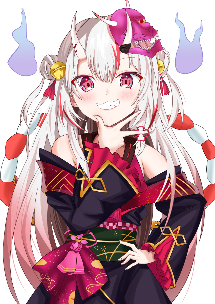 1girl, bell, black_kimono, blush, double_bun, fang, gradient_hair, hair_bell, hair_bun, hair_ornament, hand_on_own_hip, highres, hololive, horns, japanese_clothes, kimono, kouyuki_umika, long_hair, looking_at_viewer, mask, multicolored_hair, nakiri_ayame, nakiri_ayame_(1st_costume), oni, oni_horns, oni_mask, red_eyes, red_kimono, sleeveless, sleeveless_kimono, smug, streaked_hair, virtual_youtuber, white_background, white_hair