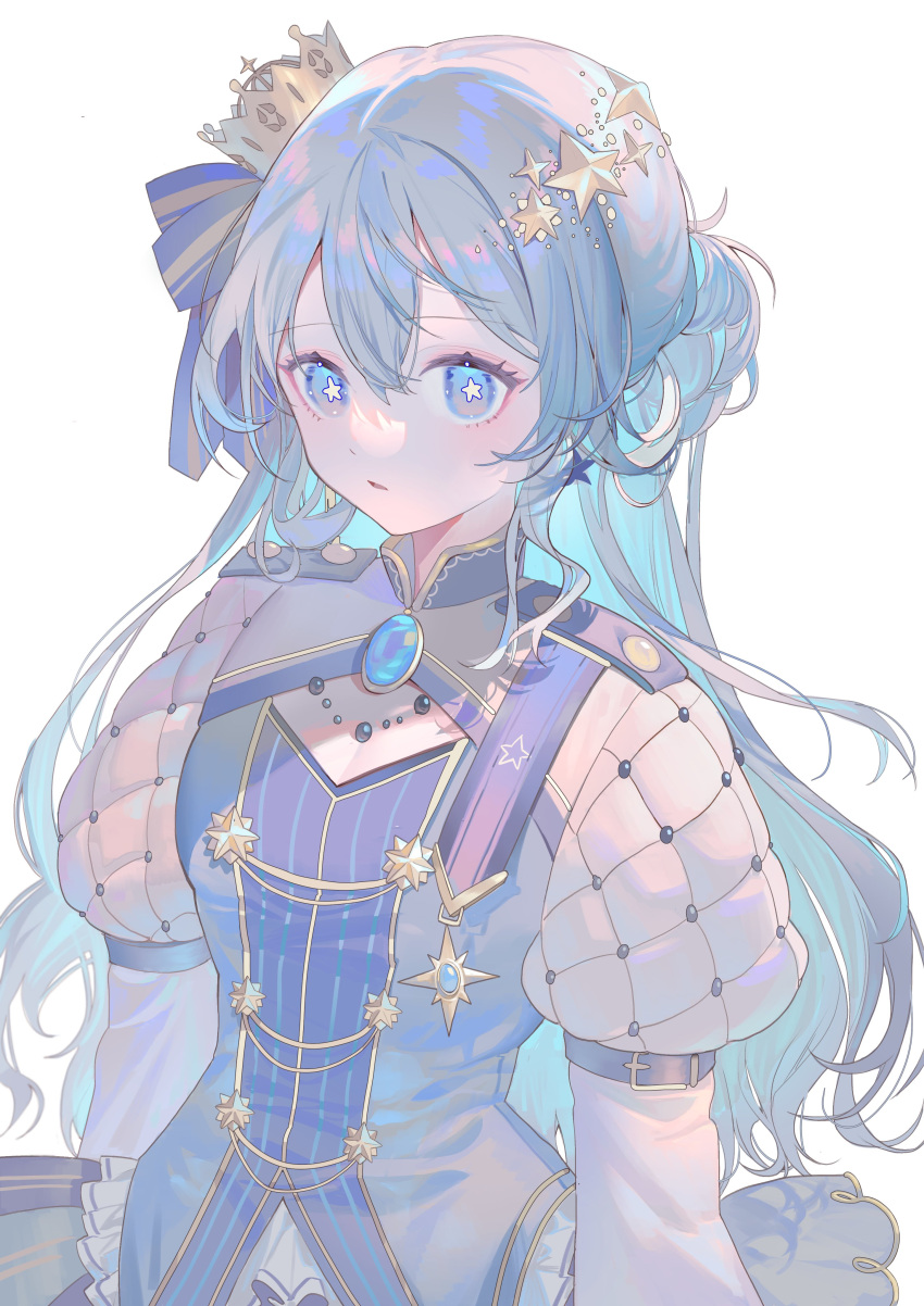 1girl, absurdres, blue_bow, blue_brooch, blue_dress, blue_eyes, blue_hair, bow