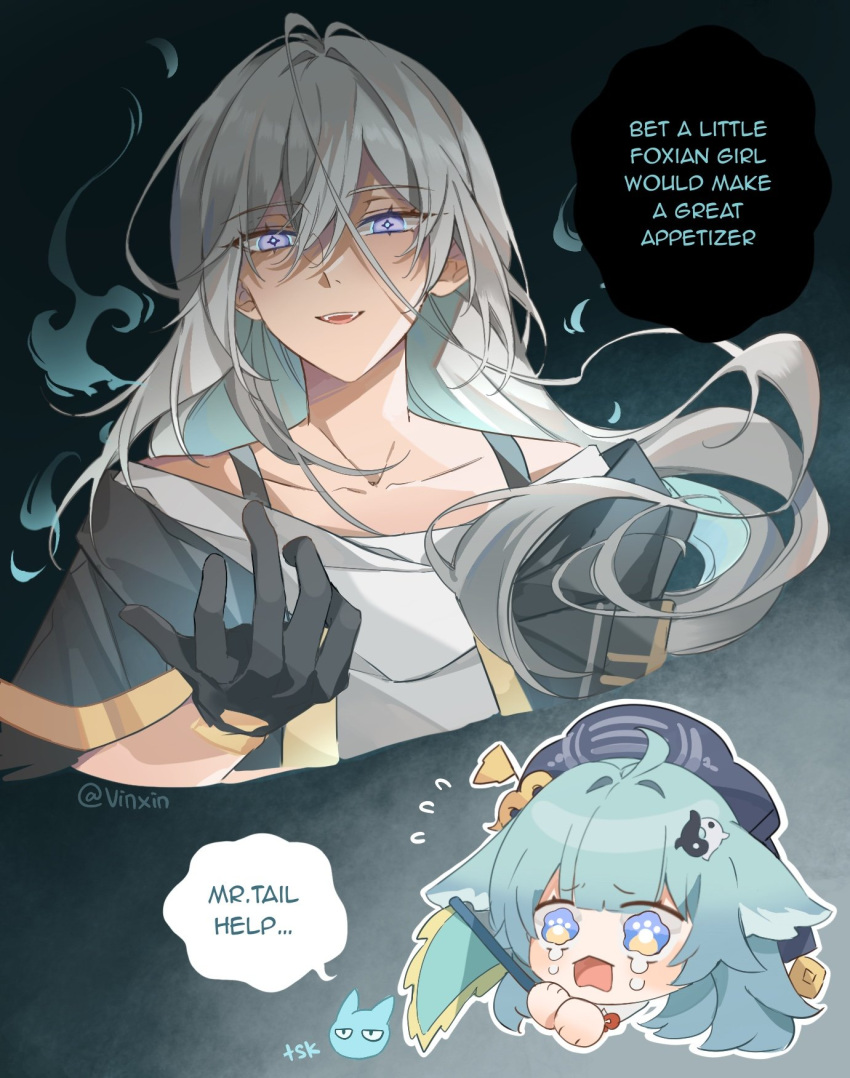 1other, 2girls, aura, bare_shoulders, cirrus_(honkai:_star_rail), corruption, crying, dark_persona, english_text, gloves, green_hair, grey_hair, hat, highres, holding, honkai:_star_rail, honkai_(series), huohuo_(honkai:_star_rail), long_hair, looking_at_viewer, multiple_girls, possessed, speech_bubble, stelle_(honkai:_star_rail), tail_(honkai:_star_rail), tears, trailblazer_(honkai:_star_rail), vinxin, violet_eyes, yin_yang