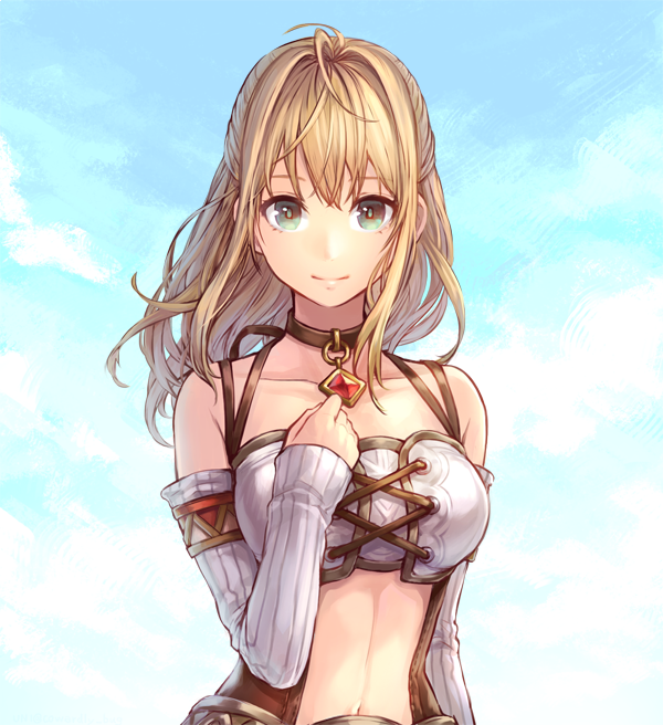 1girl, blonde_hair, closed_mouth, collarbone, detached_sleeves, facing_viewer, fiora_(xenoblade), green_eyes, jewelry, long_hair, looking_at_viewer, midriff, one_eye_closed, sky, smile, solo, thigh-highs, uni_(cowardly_bug), xenoblade_chronicles_(series), xenoblade_chronicles_1