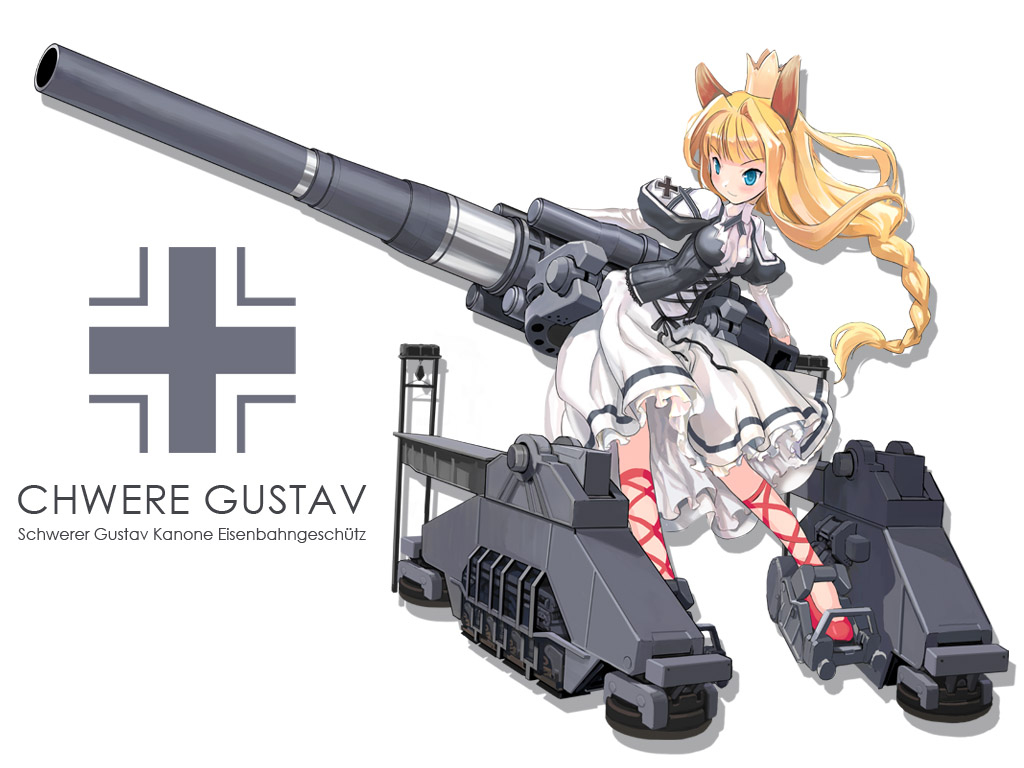 blonde_hair, blue_eyes, cannon, character_name, corset, crown, dress, german
