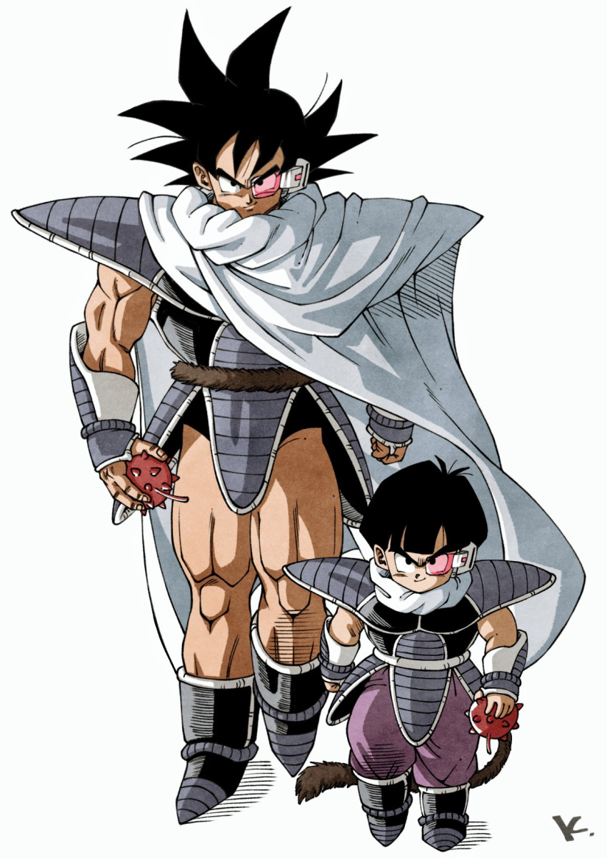 2boys, armor, black_footwear, black_hair, boots, breastplate, cape, character_request