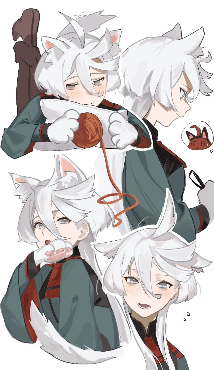 1girl, absurdres, ahoge, animal_ears, animal_hands, black_pantyhose, blush, cat_ears