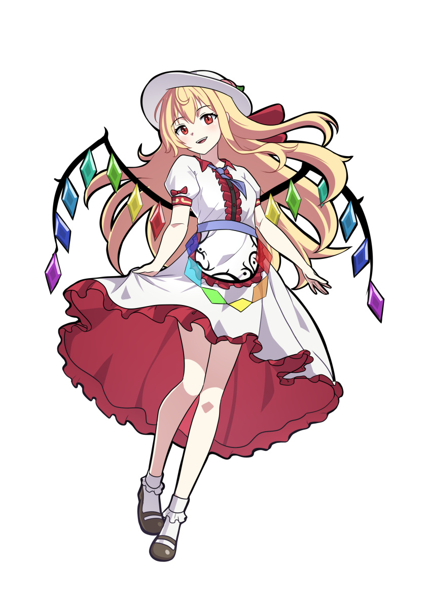 1girl, absurdres, blonde_hair, commentary, commission, crystal, dress, eighteenetzel, english_commentary, flandre_scarlet, fruit_hat_ornament, fusion, hat, highres, hinanawi_tenshi, leaf, light_blush, long_hair, looking_at_viewer, mary_janes, multicolored_wings, necktie, open_mouth, peach_hat_ornament, pixiv_commission, puffy_short_sleeves, puffy_sleeves, purple_necktie, red_eyes, shoes, short_sleeves, simple_background, skirt_hold, smile, socks, solo, touhou, very_long_hair, white_background, white_dress, white_headwear, wings