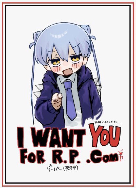 1girl, blue_hair, blush, border, commentary_request, cone_hair_bun, cropped_torso, death_merumeru, dovepopon, embarrassed, english_text, fang, fine_art_parody, hair_bun, hood, hood_down, hoodie, i_want_you, long_hair, long_sleeves, looking_at_viewer, necktie, open_clothes, open_hoodie, open_mouth, parody, pointing, pointing_at_viewer, propaganda, purple_hoodie, purple_necktie, shinigami_dot_com, shoulder_spikes, simple_background, smile, solo, spikes, sweatdrop, translation_request, v-shaped_eyebrows, white_background, yellow_eyes