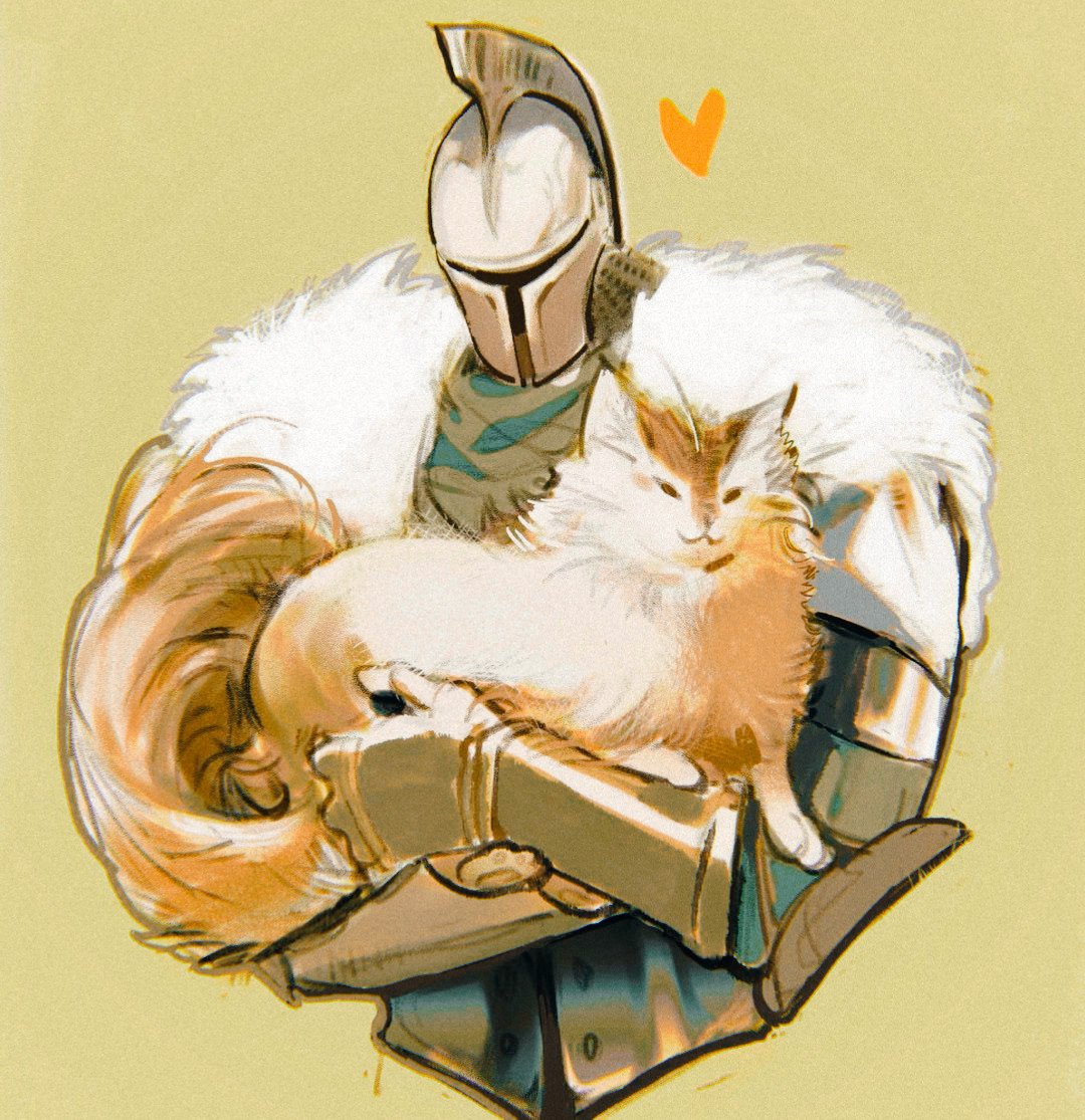 1boy, 1girl, bearer_of_the_curse, brown_fur, cat, commentary, covered_face, dark_souls_(series), dark_souls_ii, fur_trim, gauntlets, green_background, heart, helm, helmet, simple_background, siyebuchixiangc, sweet_shalquoir, tail, two-tone_fur, upper_body, white_fur
